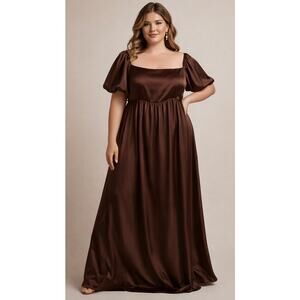 Show Me Your Mumu Nora Brown Satin Maxi Dress XXL Puff Sleeve NWT